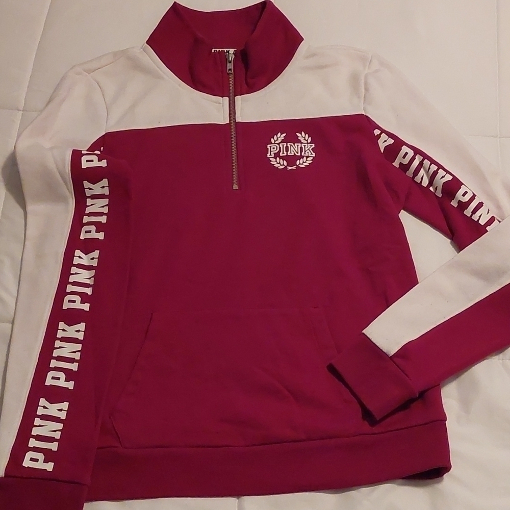 Victoria's Secret PINK 1/4 zip spellout out quarter zip Small Raspberry/ White